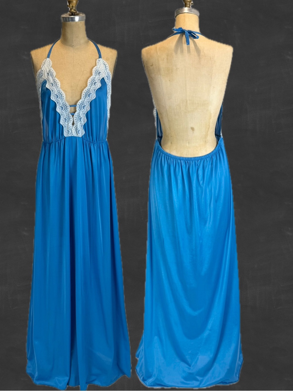 VINTAGE 80s open back lace slip dress‎ long maxi nightgown evening blue lingerie